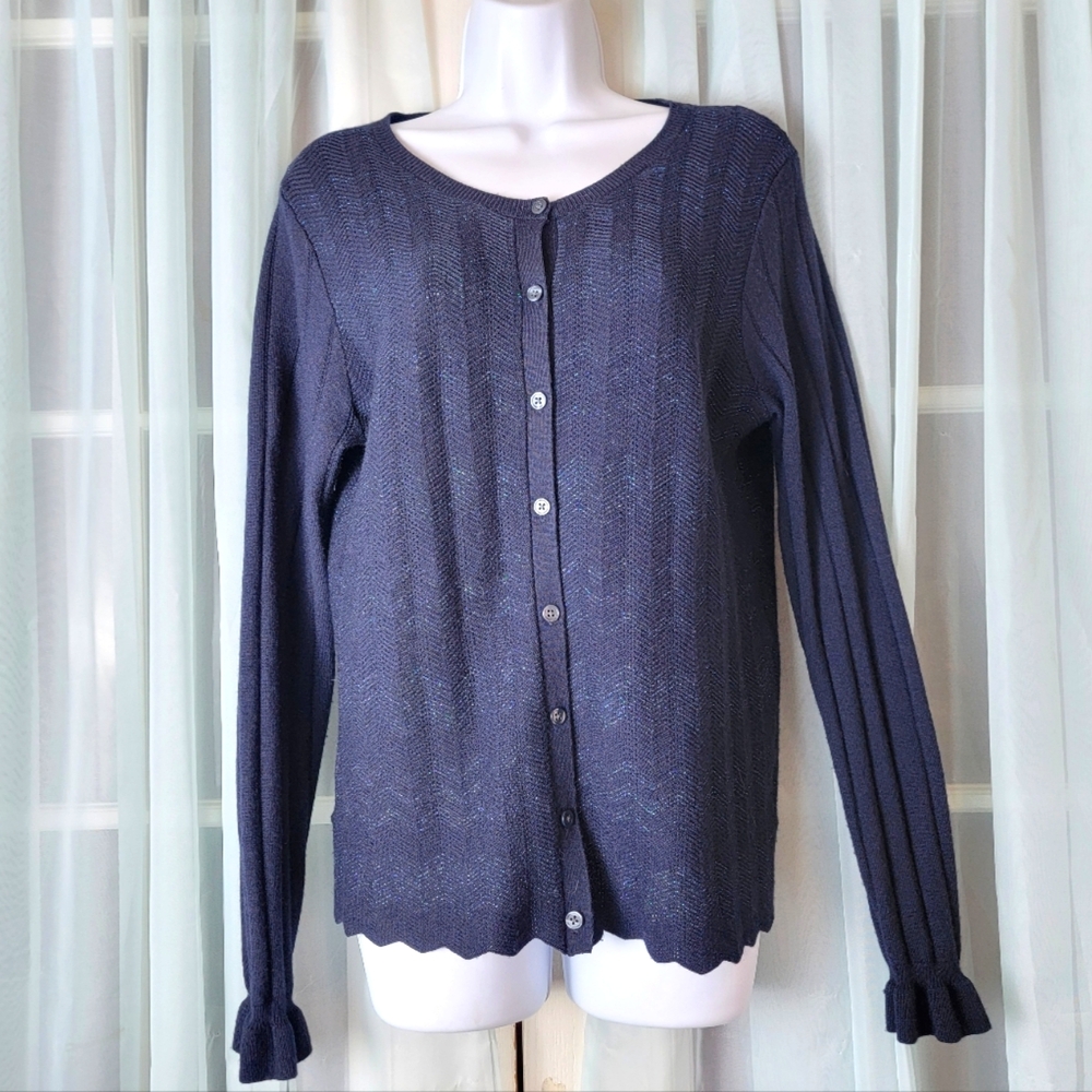 Ann Taylor Wool Blend Cardigan Sweater Sz M Ruffle Cuff Dark Academia